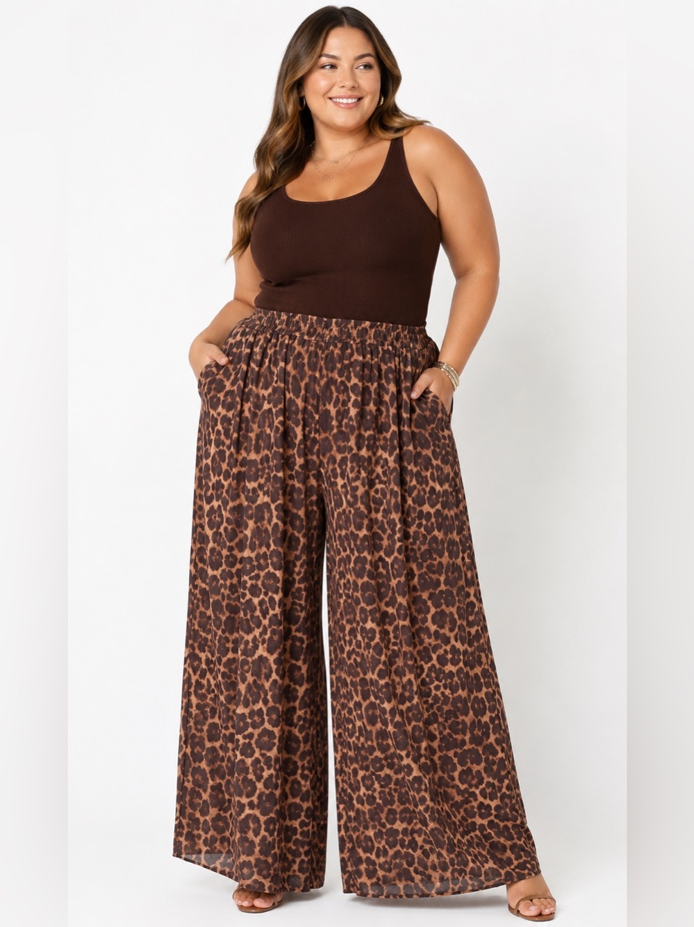 Leopard Print Elastic Waist Palazzo Pants - Brown